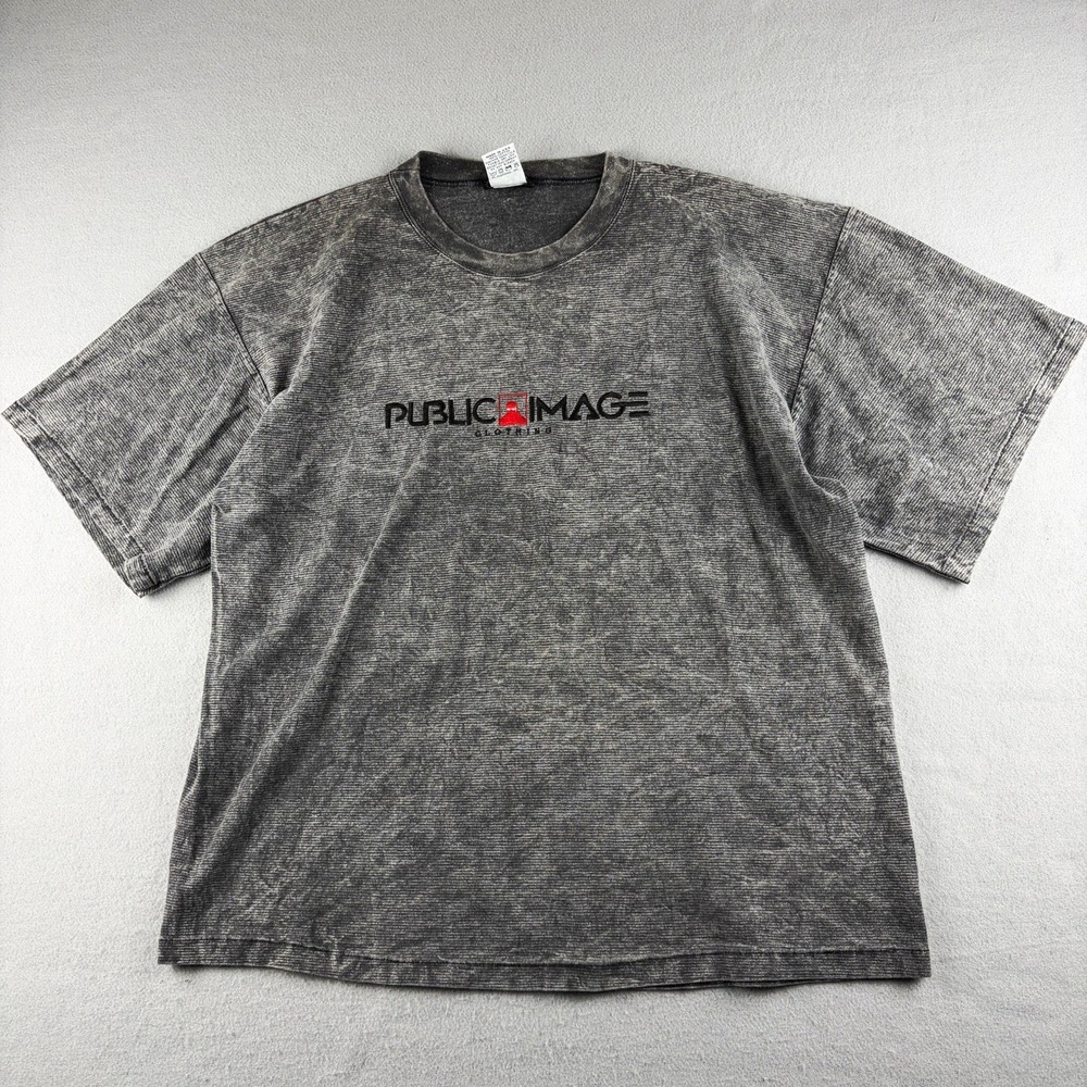 Vintage 90s Public Image Clothing T-Shirt XL Gray Acid Wash Logo USA